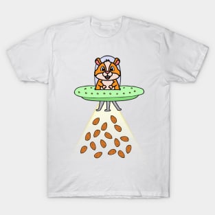 Funny orange hamster is flying a spaceship T-Shirt